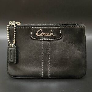 COACH Black Leather Contrast Stitching Wristlet Wallet